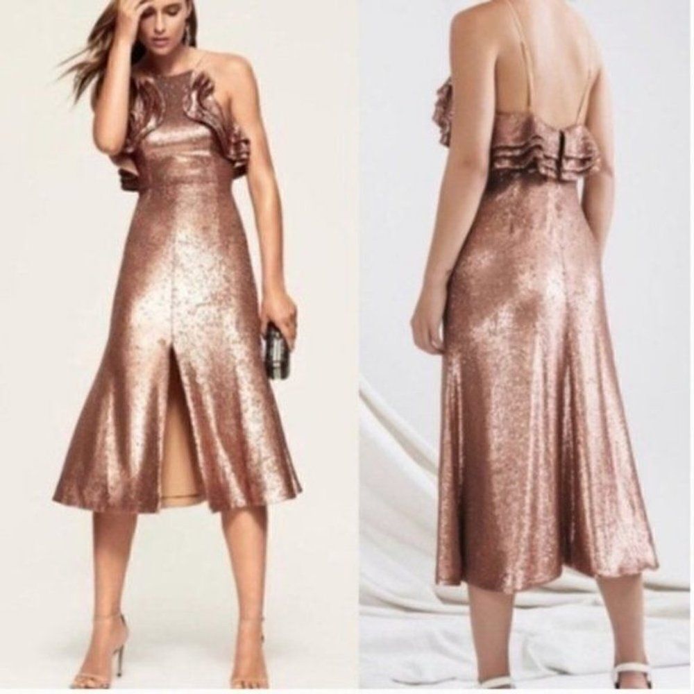 C/Meo Collective Rose Gold Sequin Midi Dress Ruffle Trim Cocktail Party Glam XL